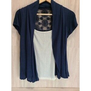 Agenda Blue Lace Back Cardigan Top Womens Open Front Layered Short Sleeve